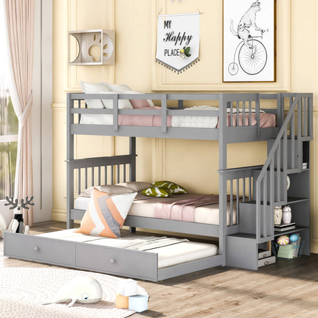 Stairway Twin-Over-Twin Bunk Bed with Twin size Trundle for Bedroom, Dorm, Adults, Gray( old sku: LP000209AAE ) - Home Elegance USA