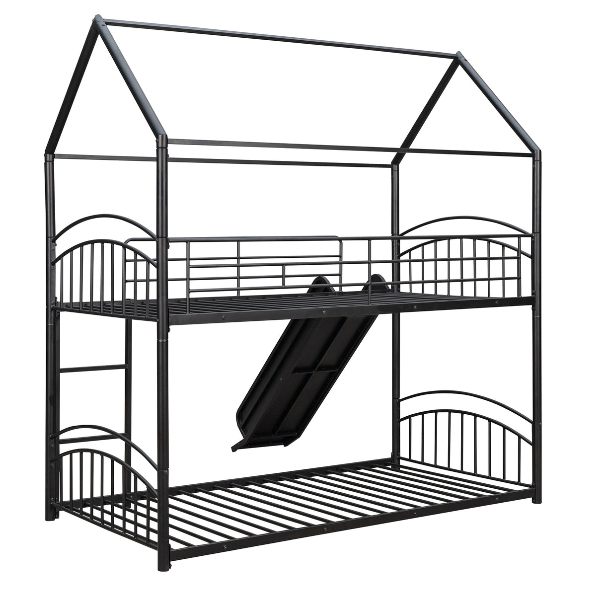 Twin Over Twin Metal Bunk Bed With Slide,Kids House Bed Black - Home Elegance USA