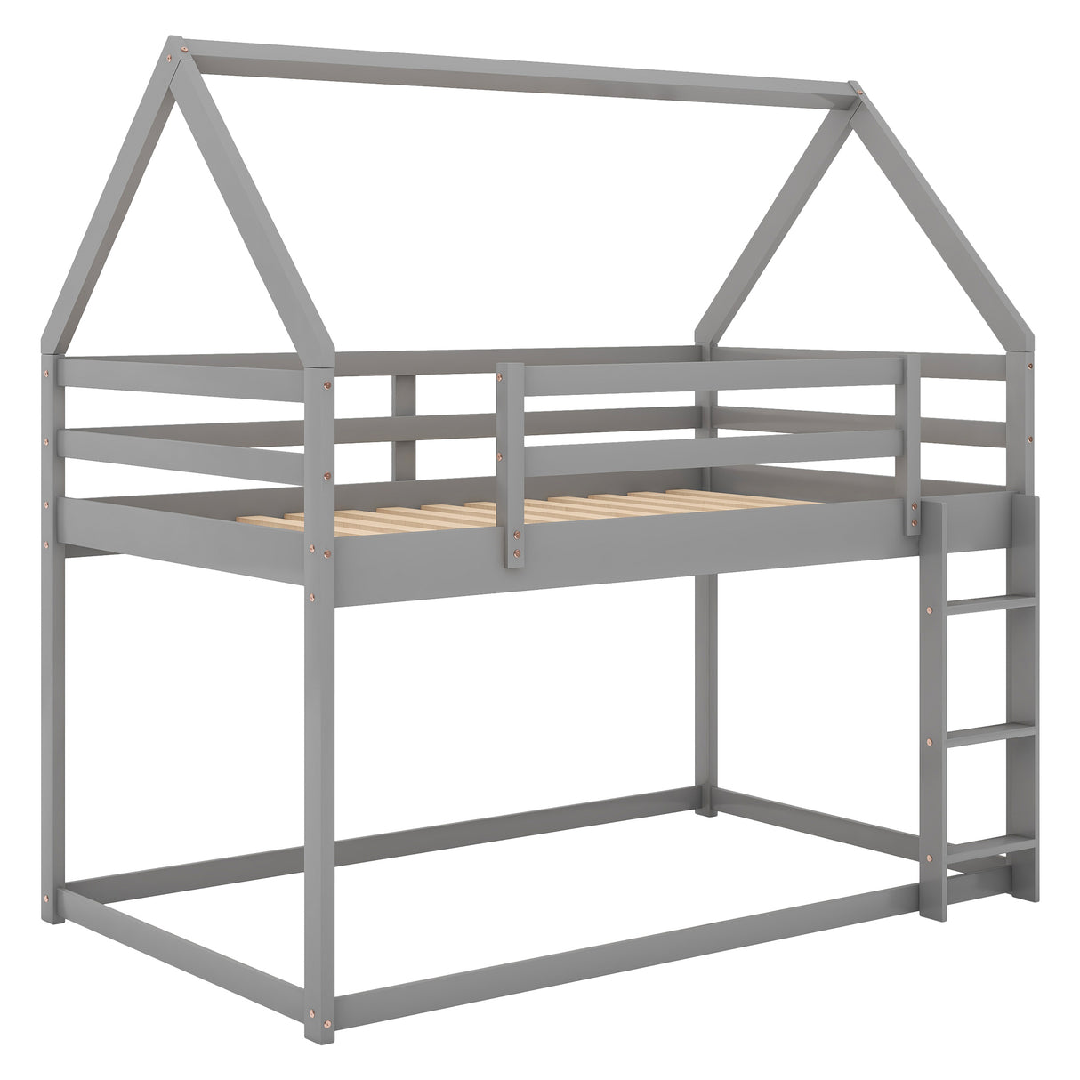 Twin over Twin Low Bunk Bed, House Bed with Ladder , Gray(OLD SKU:WF197808AAE) - Home Elegance USA