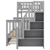 Twin over Full Bunk Bed with Trundle and Staircase,Gray - Home Elegance USA