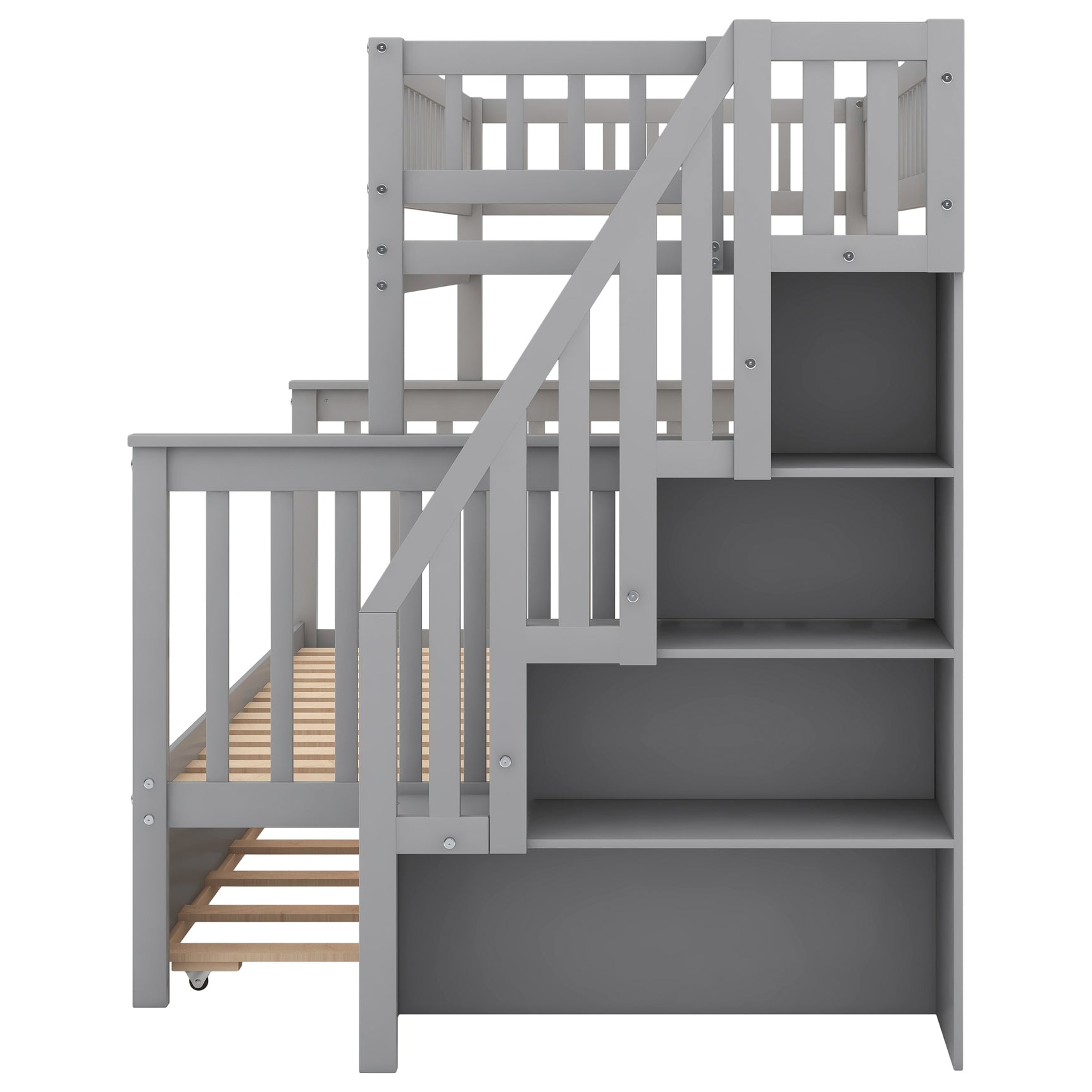 Twin over Full Bunk Bed with Trundle and Staircase,Gray - Home Elegance USA