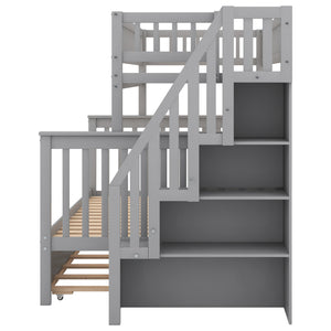 Twin over Full Bunk Bed with Trundle and Staircase,Gray - Home Elegance USA