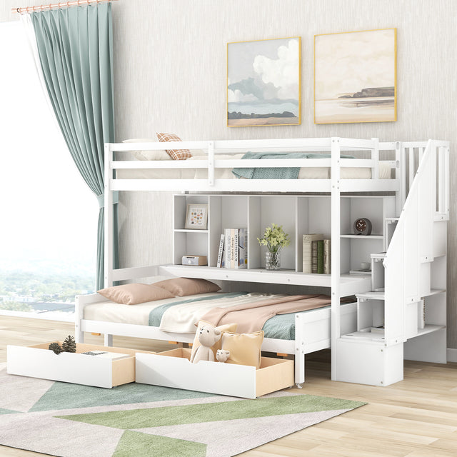 Twin XL over Full Bunk Bed with Built-in Storage Shelves, Drawers and Staircase,White - Home Elegance USA