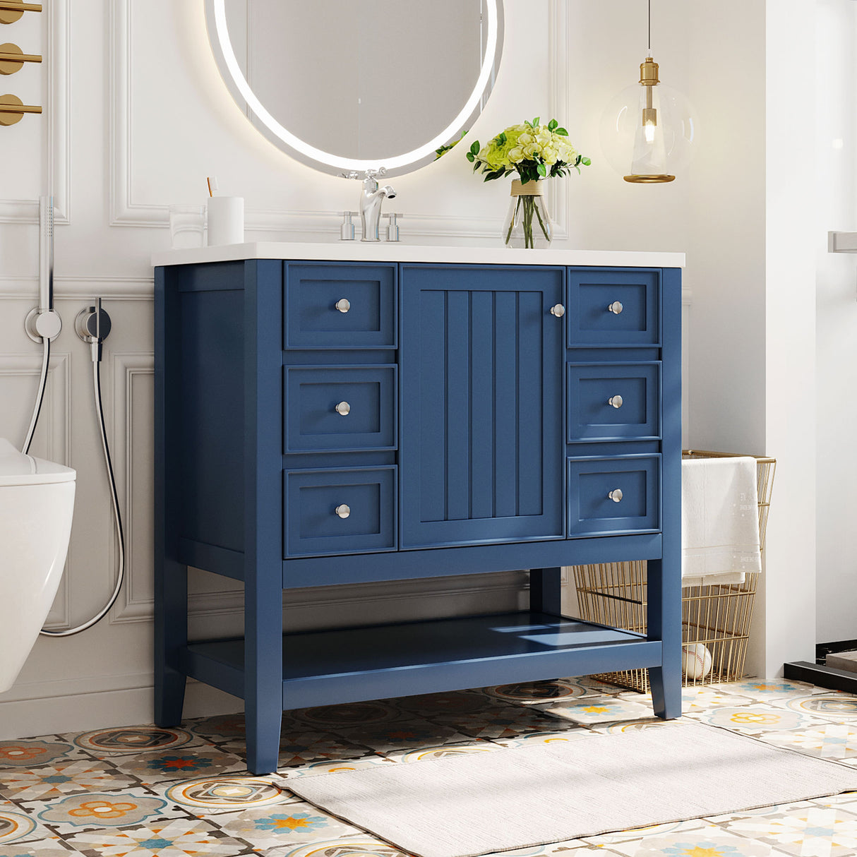 36" Bathroom Vanity with Sink Combo, One Cabinet and Three Drawers, Solid Wood and MDF Board, Blue - SY999505AAC - image - 2