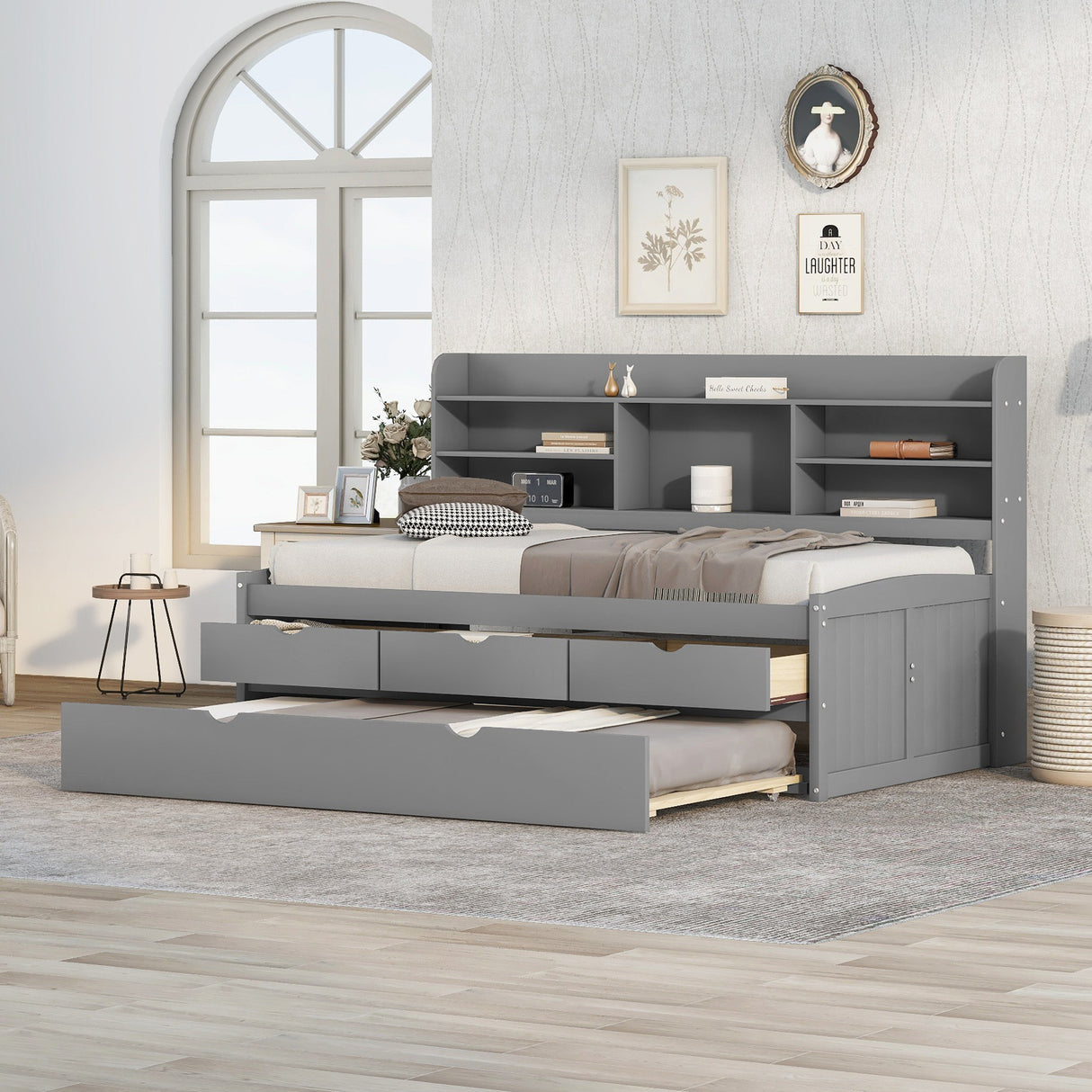 Twin Size Wooden Captain Bed with Built-in Bookshelves,Three Storage Drawers and Trundle,Light Grey - Home Elegance USA