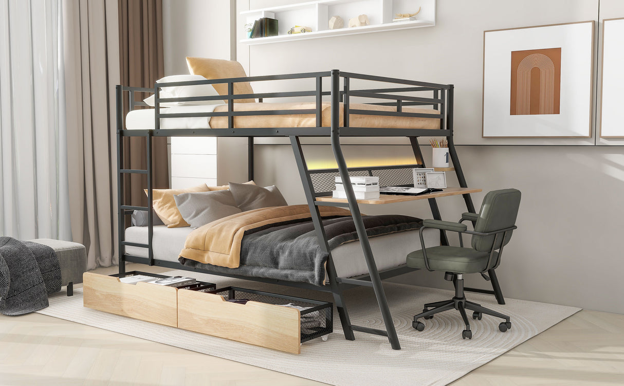 Full Size Metal Bunk Bed with Built-in Desk, Light and 2 Drawers, Black(Expected Arrival Time: 9.18)