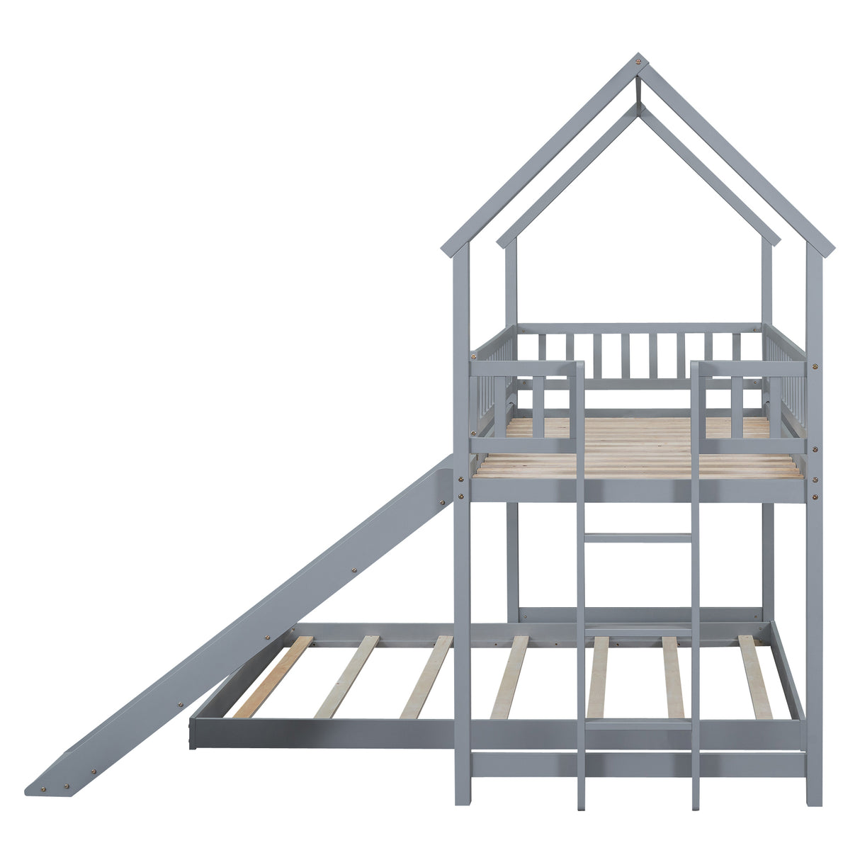 Twin over Full House Bunk Bed with Slide and Built-in Ladder, Full-Length Guardrail, Gray (Expected Arrival Time:8.10) - Home Elegance USA