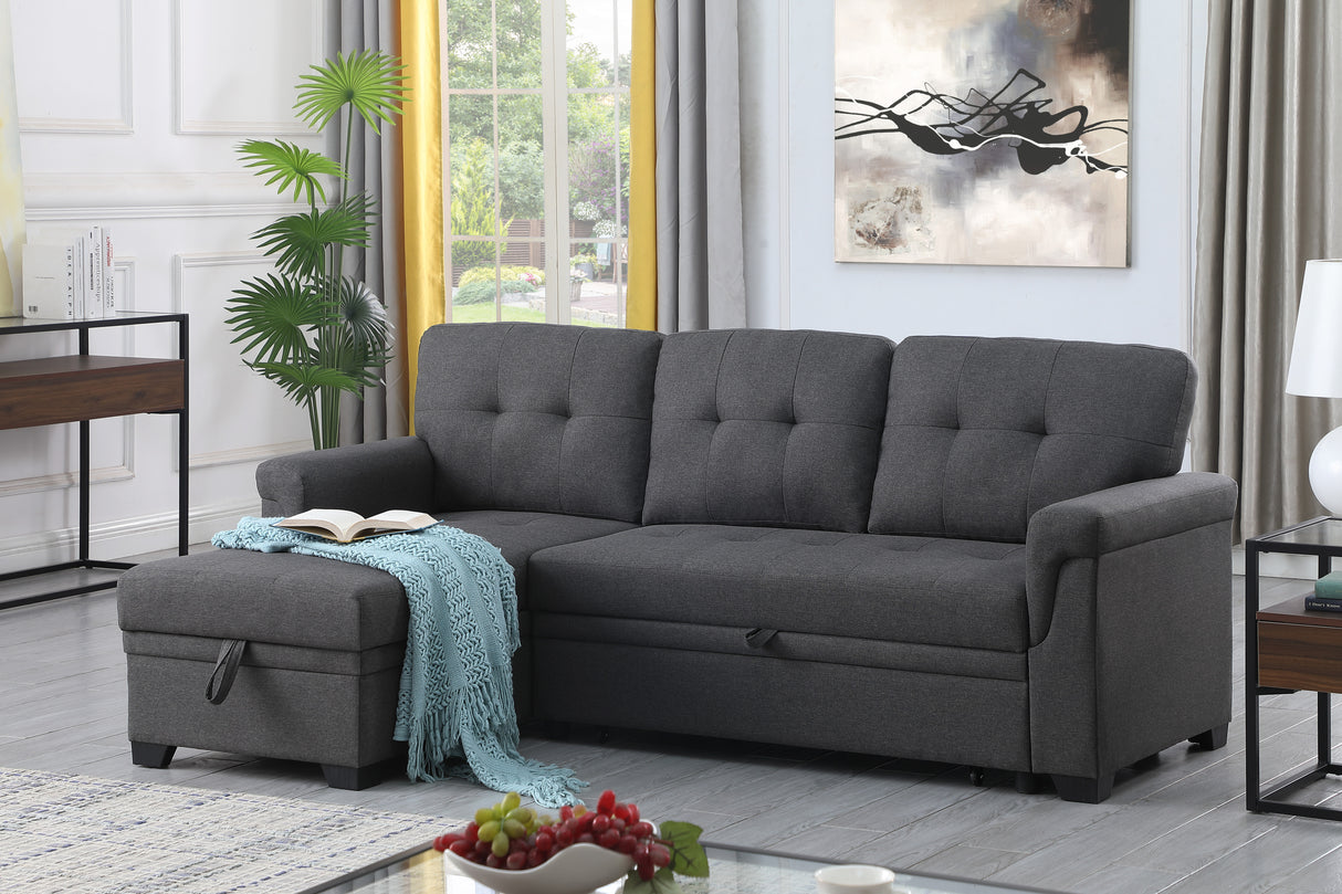 Lucca Dark Gray Linen Reversible Sleeper Sectional Sofa with Storage Chaise - Home Elegance USA