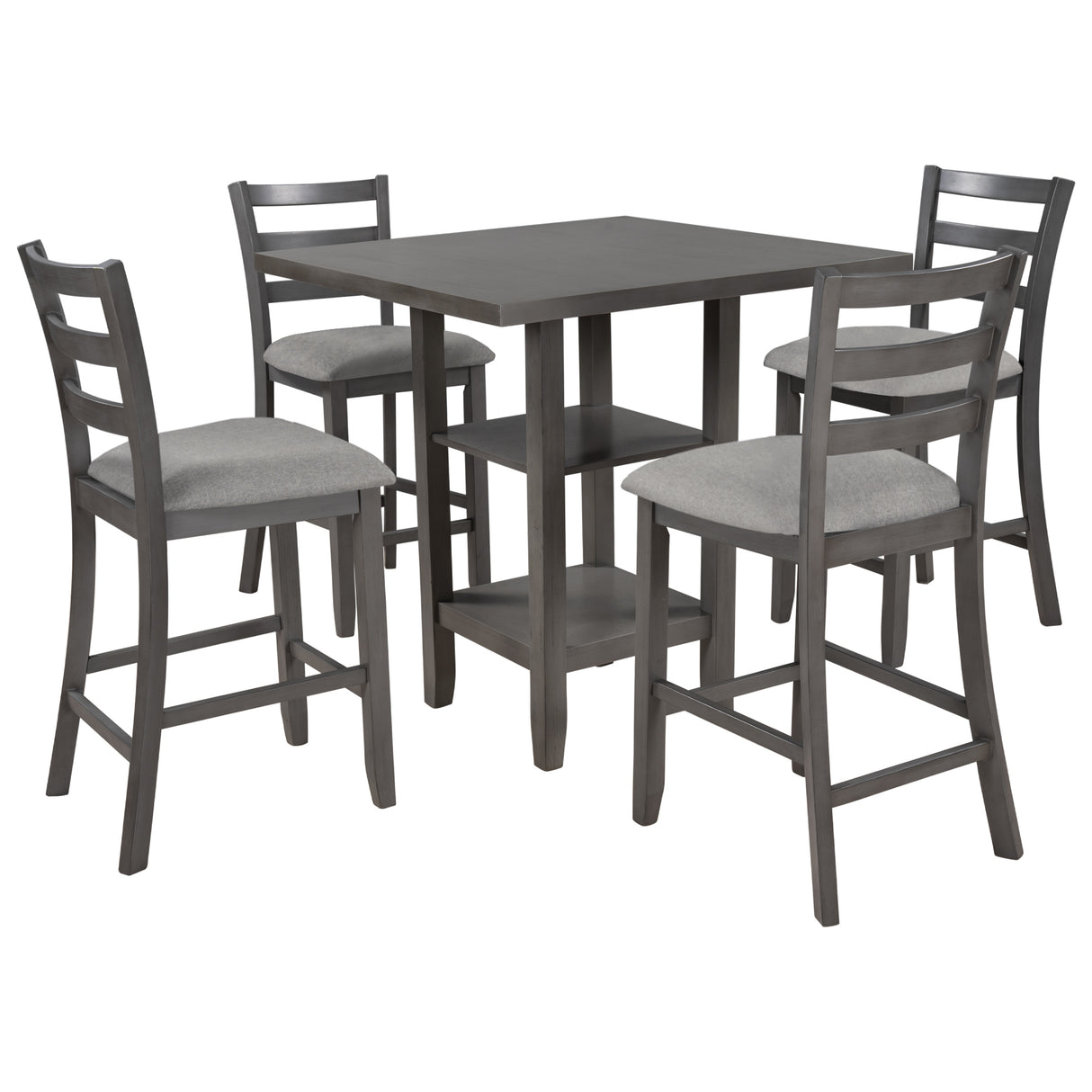 TREXM 5-Piece Wooden Counter Height Dining Set with Padded Chairs and Storage Shelving (Gray) - Home Elegance USA