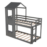 Twin Over Twin Bunk Bed Wood Bed with Roof, Window, Guardrail, Ladder (Gray) - Home Elegance USA