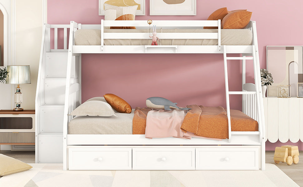 Twin-Over-Full Bunk Bed with Drawers，Ladder and Storage Staircase, White - Home Elegance USA