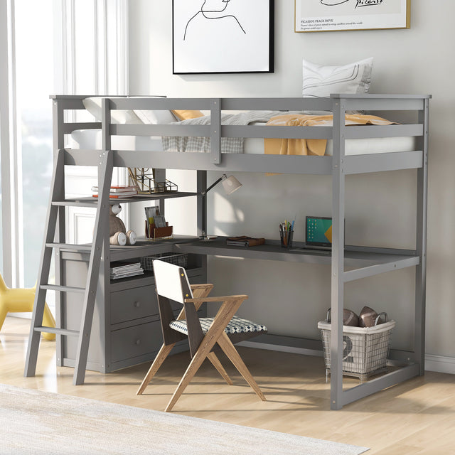Twin Size Loft Bed with Desk and Shelves,Two Built-in Drawers,Gray(OLD SKU:GX000803AAE) - Home Elegance USA