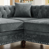 MH 80" Deep Button Tufted Upholstered Roll Arm Luxury Classic Chesterfield L-shaped Sofa 3 Pillows Included, Solid Wood Gourd Legs, Grey velvet - Home Elegance USA