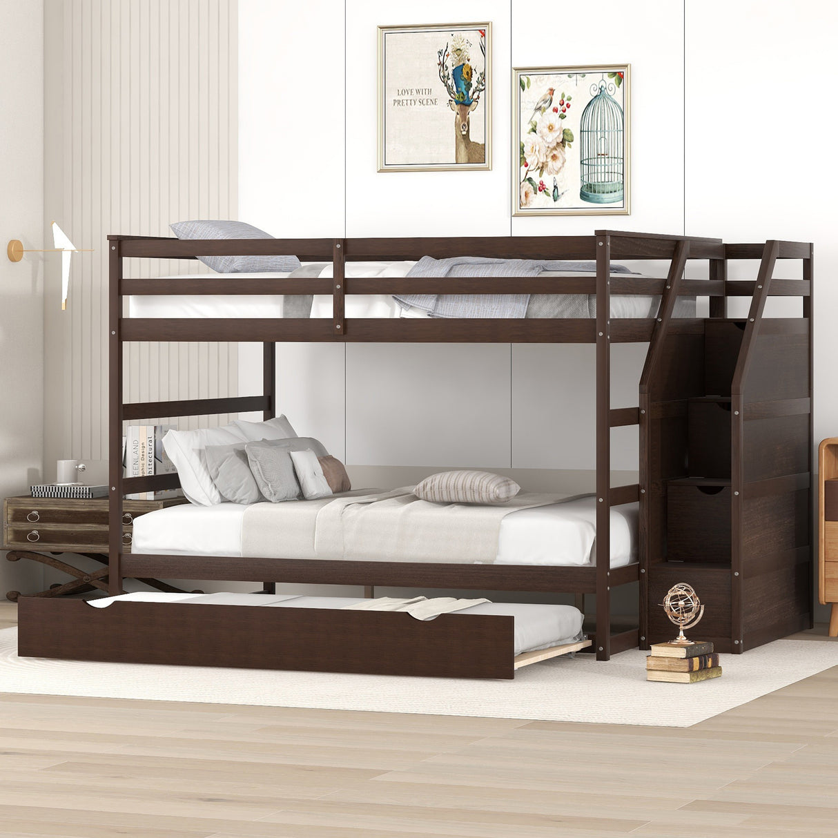 Full-over-Full Bunk Bed with Twin Size Trundle and 3 Storage Stairs,Espresso - Home Elegance USA