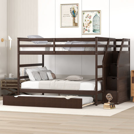 Full-over-Full Bunk Bed with Twin Size Trundle and 3 Storage Stairs,Espresso - Home Elegance USA