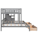 Full Over Twin & Twin Bunk Bed, Wood Triple Bunk Bed with Drawers and Guardrails (Gray) Home Elegance USA