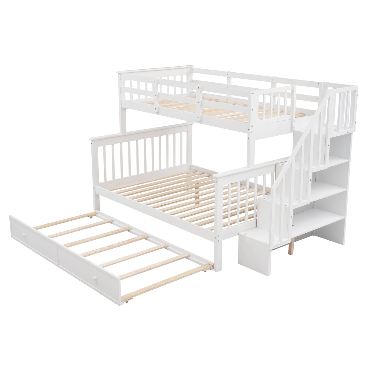 Stairway Twin-Over-Full Bunk Bed with Twin size Trundle, Storage and Guard Rail for Bedroom, Dorm, for Adults, White(OLD SKU :LP000119AAK) - Home Elegance USA