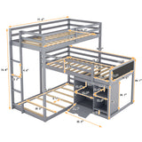 L-shaped Wood Triple Twin Size Bunk Bed with Storage Cabinet and Blackboard, Ladder, Gray - Home Elegance USA