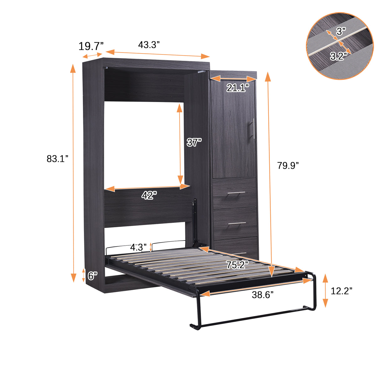 Twin Size Murphy Bed with Wardrobe and Drawers, Storage Bed, can be Folded into a Cabinet, Gray - Home Elegance USA