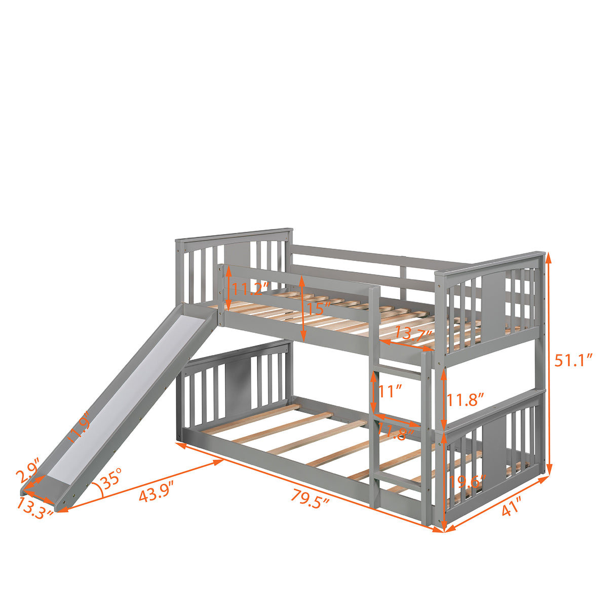 Twin Over Twin Bunk Bed with Slide and Ladder, Gray (Old SKU：LP000108AAE) - Home Elegance USA