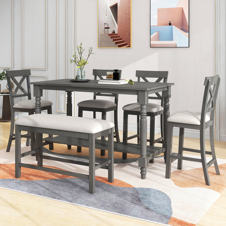 TREXM 6-Piece Counter Height Dining Table Set Table with Shelf 4 Chairs and Bench for Dining Room (Gray) - Home Elegance USA