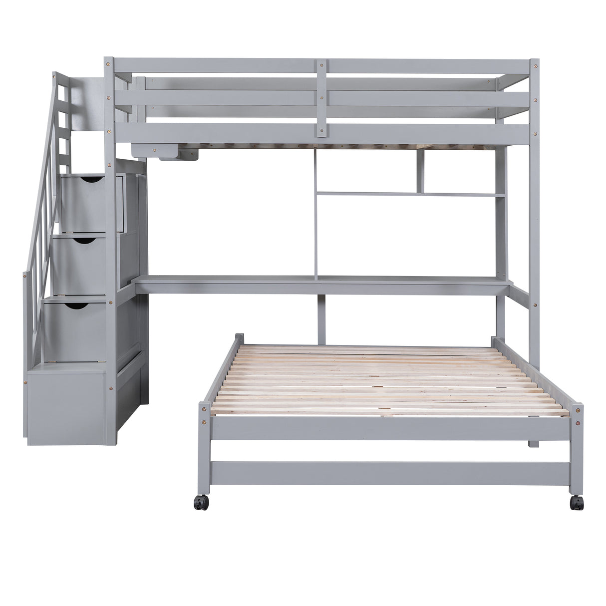 Twin over Full Bunk Bed with Storage Staircase, Desk, Shelves and Hanger for Clothes, Gray - Home Elegance USA