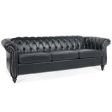 84.65" BLACK PU Rolled Arm Chesterfield Three Seater Sofa. | Home Elegance USA