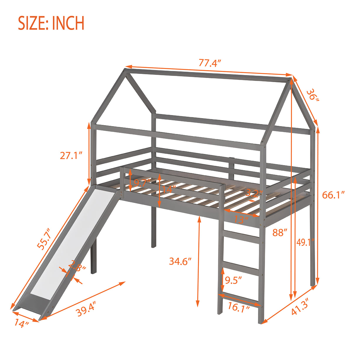 Twin Loft Bed with Slide, House Bed with Slide,Gray(OLD SKU :WF286245AAE) - Home Elegance USA