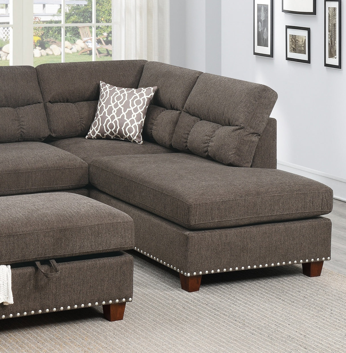 Sectional sofa Tan Color Velvet Fabric Reversible Chaise Sofa Sectional w Pillows Cocktail Storage Ottoman 3pc Set - Home Elegance USA