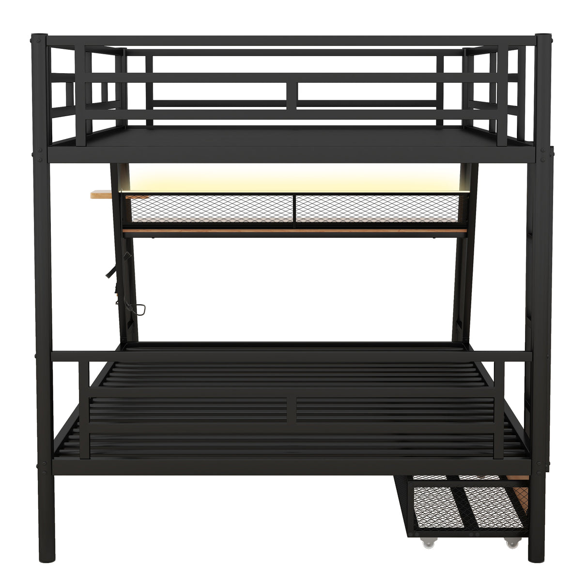 Full Size Metal Bunk Bed with Built-in Desk, Light and 2 Drawers, Black(Expected Arrival Time: 9.18)