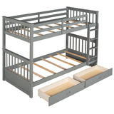 Twin-Over-Twin Bunk Bed with Ladders and Two Storage Drawers (Gray) - Home Elegance USA