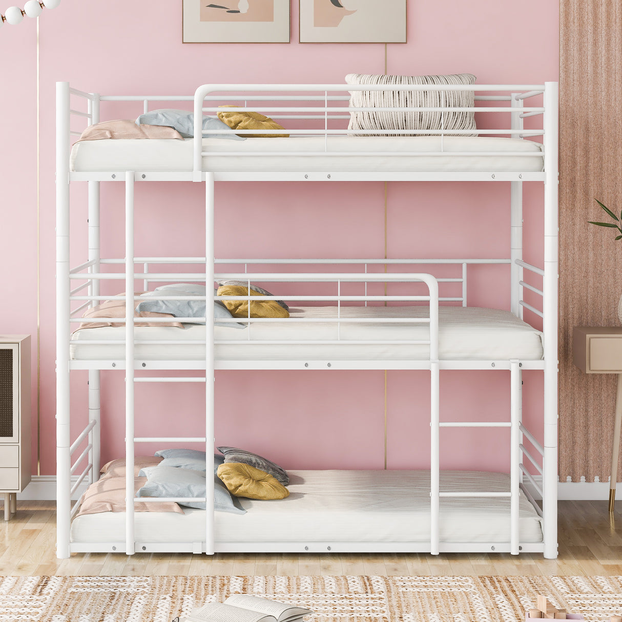 Twin-Twin-Twin Triple Bed with Built-in Ladder, Divided into Three Separate Beds,White(OLD SKU:LP000097AAK) - Home Elegance USA