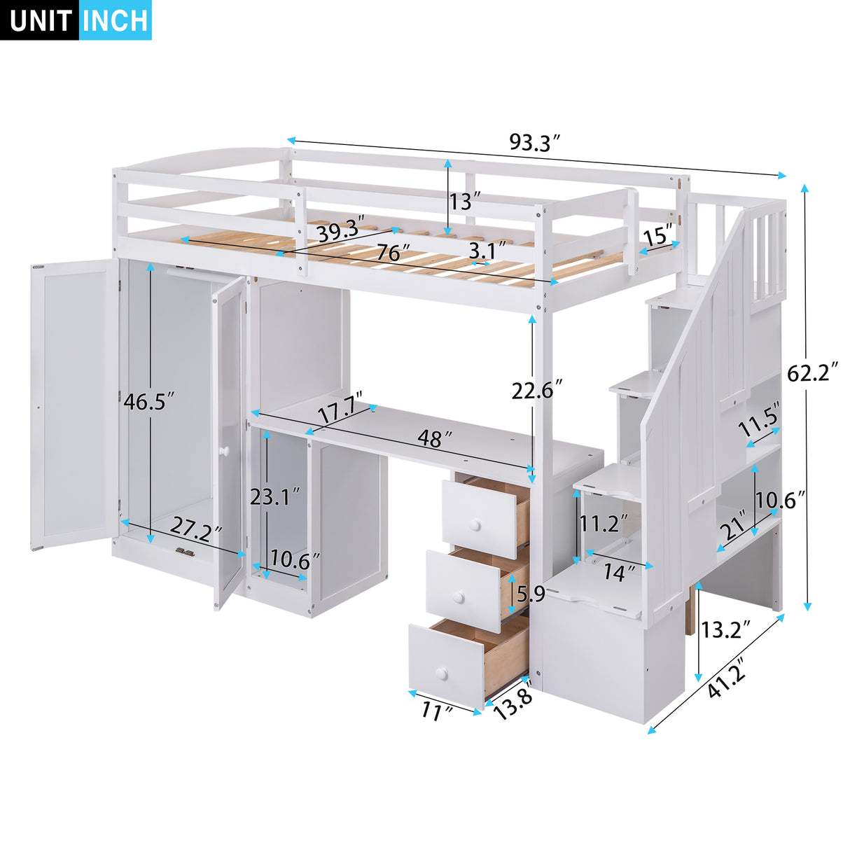 Twin Size Loft Bed with Wardrobe and Staircase, Desk and Storage Drawers and Cabinet in 1, White - Home Elegance USA