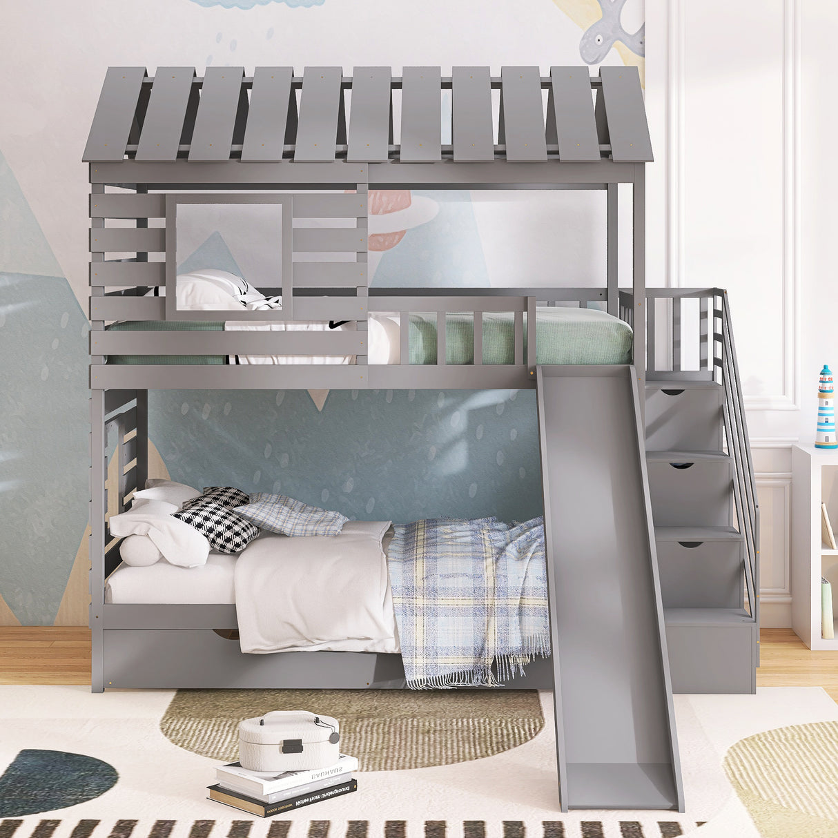 Twin over Twin House Bunk Bed with Trundle and Slide ,Storage Staircase,Roof and Window Design, Gray Home Elegance USA