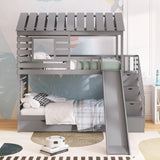 Twin over Twin House Bunk Bed with Trundle and Slide ,Storage Staircase,Roof and Window Design, Gray - Home Elegance USA