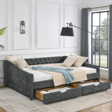 Queen Size Daybed with Drawers Upholstered Tufted Sofa Bed,,with Button on Back and Copper Nail on Waved Shape Arms, Grey (84.5"x63.5"x26.5") Home Elegance USA