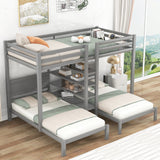 Twin XL over Twin&Twin Bunk Bed with Built-in Four Shelves and Ladder,Gray - Home Elegance USA