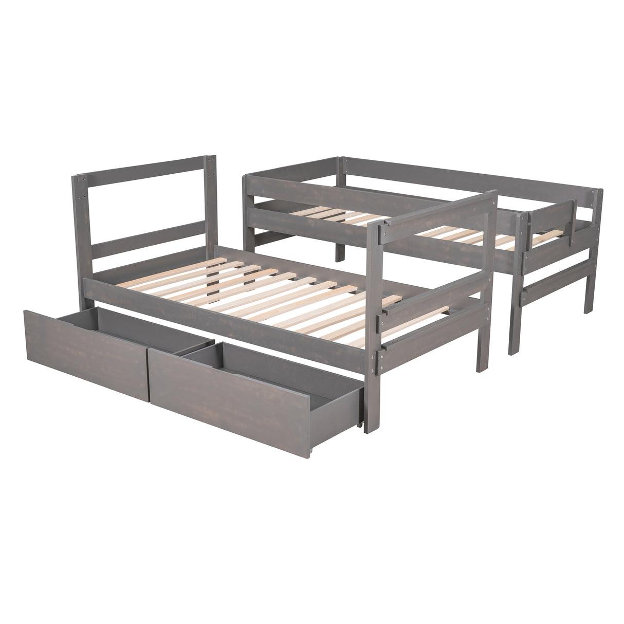 Twin over Twin Wood Bunk Bed with 2 Drawers, Gray - Home Elegance USA