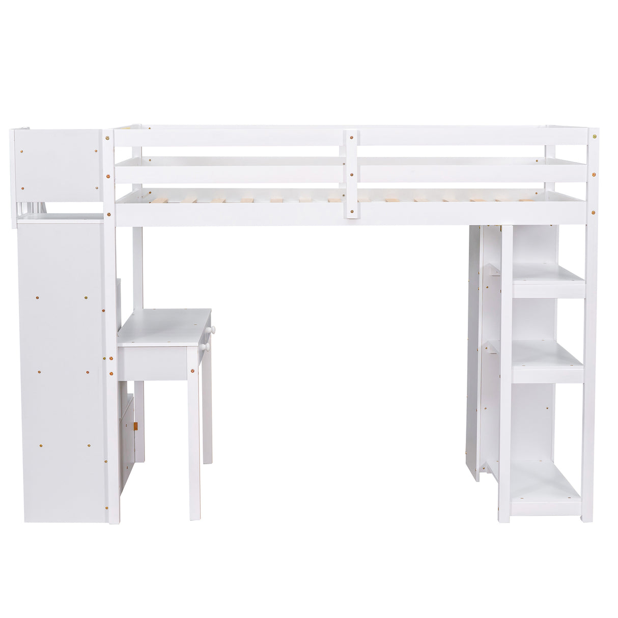 Twin size Loft Bed with Storage Drawers ,Desk and Stairs, Wooden Loft Bed with Shelves - White - Home Elegance USA