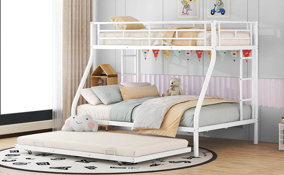 Twin over Full Bed with Sturdy Steel Frame, Bunk Bed with Twin Size Trundle, Two-Side Ladders, White - Home Elegance USA