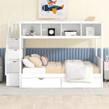 Twin over Full Bunk Bed with Shelfs, Storage Staircase and 2 Drawers, White - Home Elegance USA