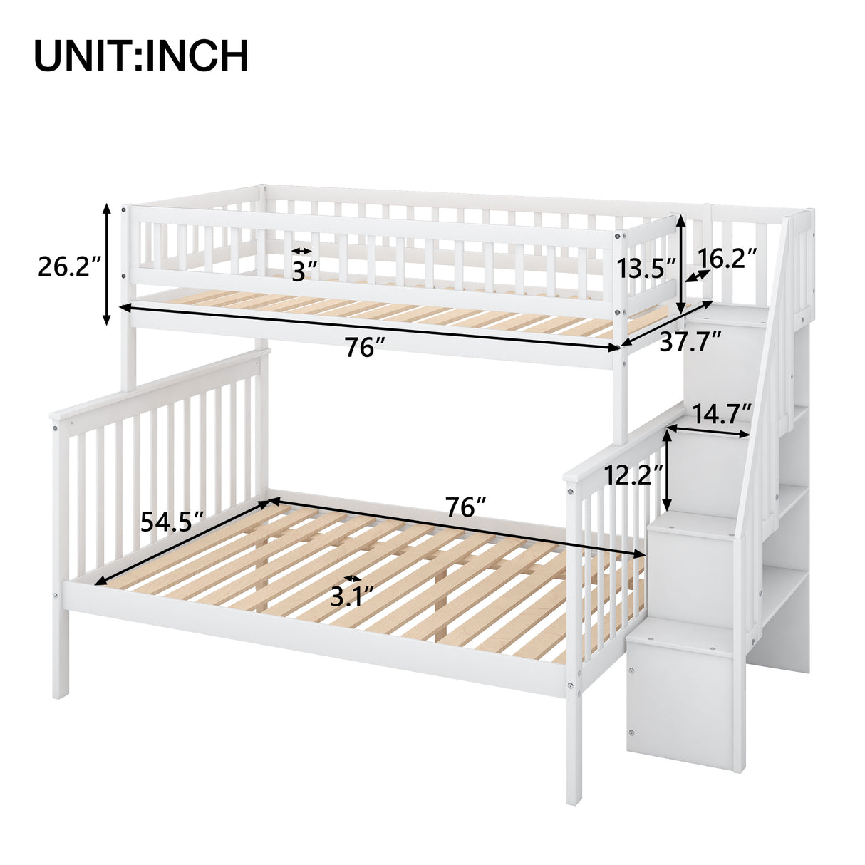 Twin over Full Stairway Bunk Bed with storage, White - Home Elegance USA