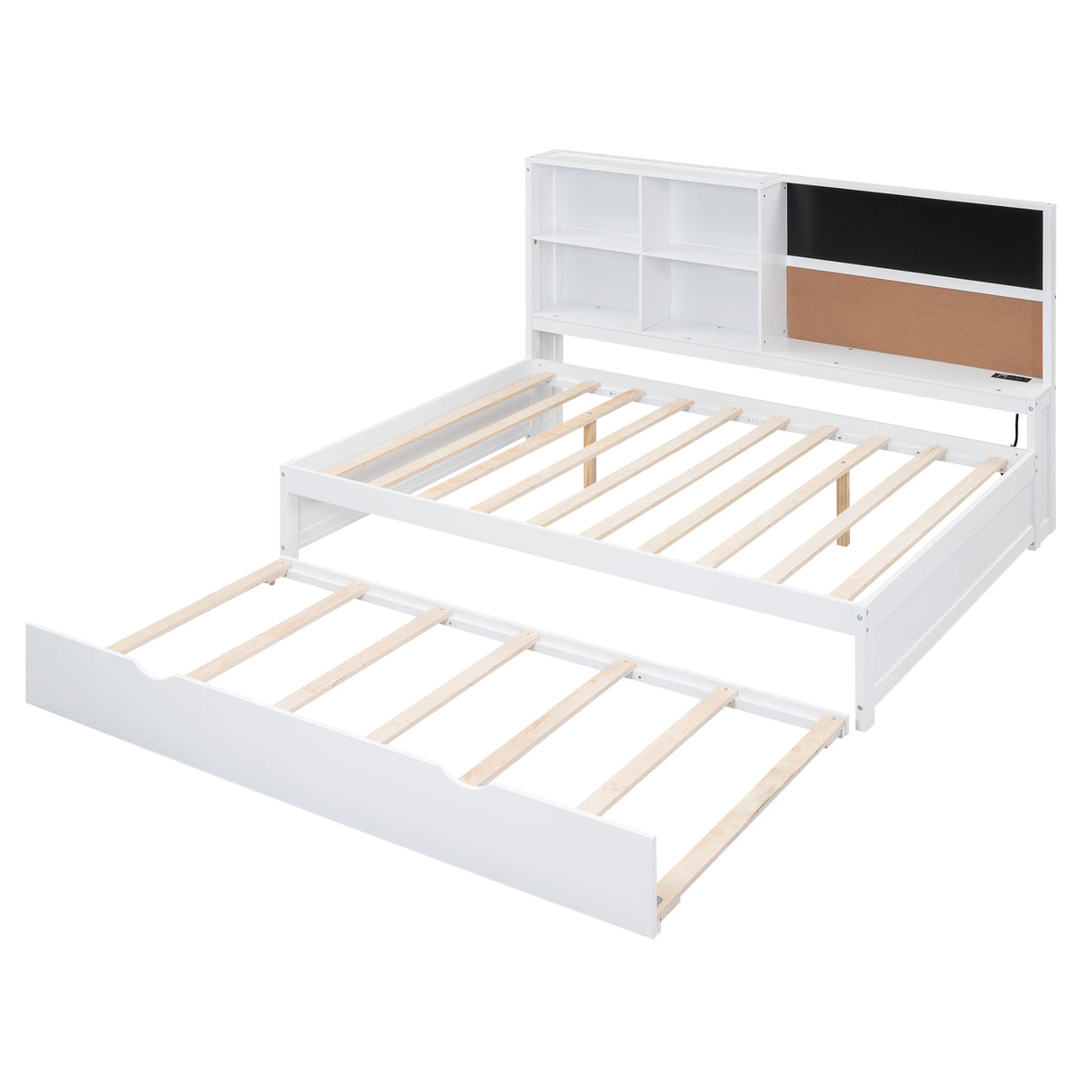 Full Size Daybed with Storage Shelves, Blackboard, Cork board, USB Ports and Twin Size Trundle, White(Expected Arrival Time: 8.2) - Home Elegance USA