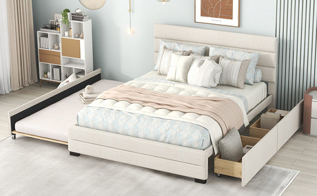 Queen Upholstered Platform Bed with Twin Size Trundle and Two Drawers, Beige - Home Elegance USA