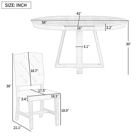 TREXM 5-Piece Retro Functional Dining Set, Round Table with a 16"W Leaf and 4 Upholstered Chairs for Dining Room and Living Room (Natural)