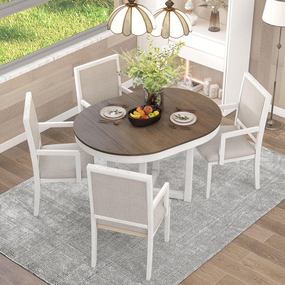 TREXM 5-Piece Dining Table Set, Two-Size Round To Oval Extendable Butterfly Leaf Wood Dining Table and 4 Upholstered Dining Chairs with Armrests (Brown+White) - Home Elegance USA