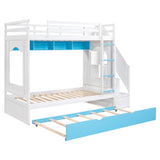 Twin Over Twin Bunk Bed with Trundle ,Stairs,Ladders Solid Wood Bunk bed with Storage Cabinet （White + Blue） - Home Elegance USA