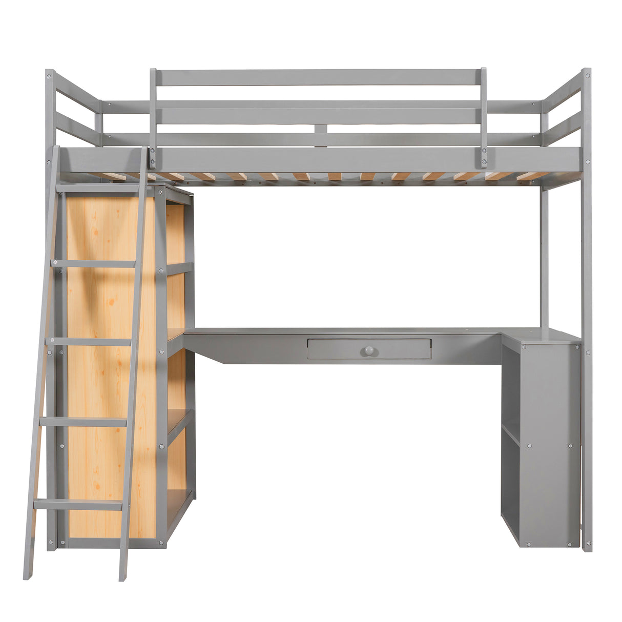 Twin Size Loft Bed with Ladder, Shelves, and Desk, Gray - Home Elegance USA