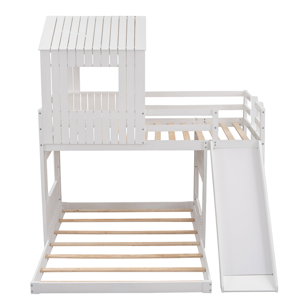 Wooden Twin Over Full Bunk Bed, Loft Bed with Playhouse, Farmhouse, Ladder, Slide and Guardrails, White(OLD SKU :LT000028AAK) - Home Elegance USA