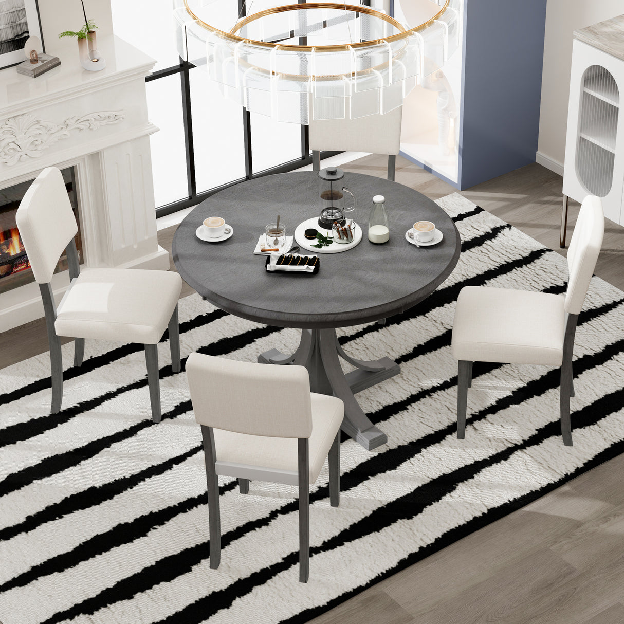 TREXM 5-Piece Retro Round Dining Table Set with Curved Trestle Style Table Legs and 4 Upholstered Chairs for Dining Room (Dark Gray) - Home Elegance USA